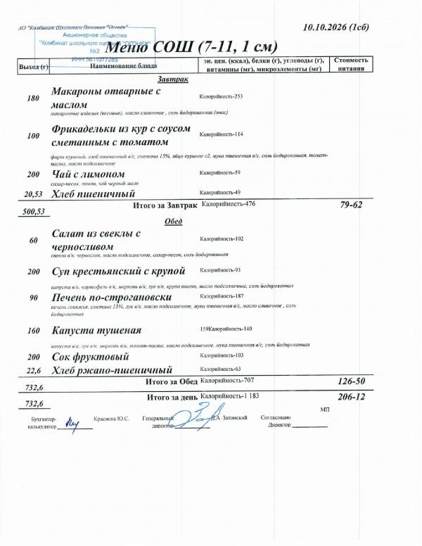 Меню 10.10.2026 — СОШ 7-11, 1 смена